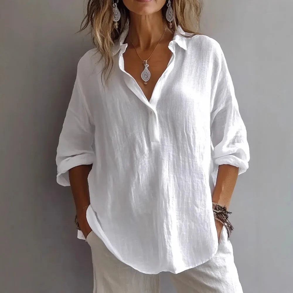 Vår/Sommer Oversized Skjorte – V-hals, Casual og Elegant til Hverdag og Kontor