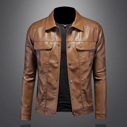 Stilren Herre Skinnjakke med Krage – Slim Fit Motorsykkeldesign i Ensfarget Look (M–5XL)