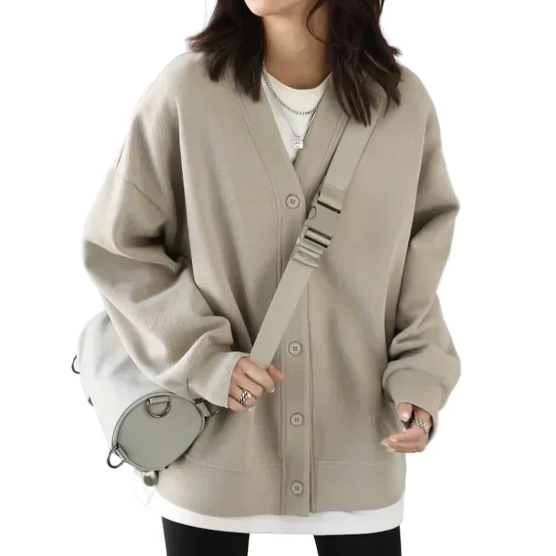 Koreansk V-halset Sweatshirt for Kvinner – Løs, Myk og Varm Genser til Høst og Vinter | Casual &amp; Elegant – Milk te-farge