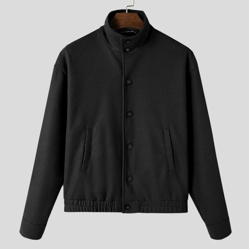 Herrejakke – Ensfarget med Ståkrage &amp; Knapper | Koreansk Streetwear i Casual Stil (S–5XL)