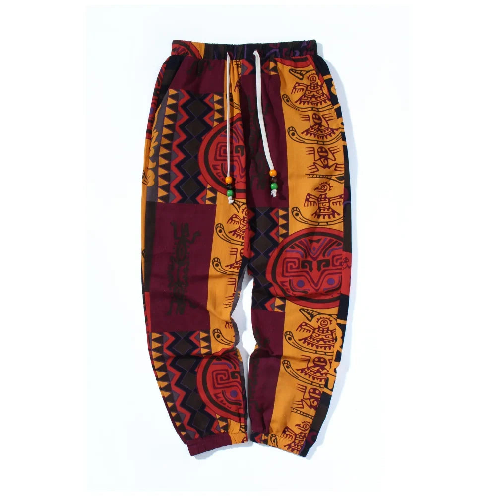 Boho Linbukser for Herre – Lettere Sommerbukser med Tribal Print &amp; Snor i Midjen | Komfortable Joggebukser i Bomullsblanding