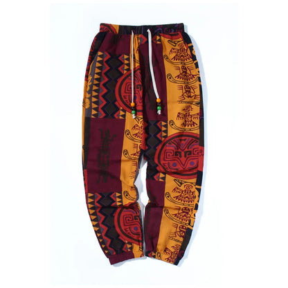 Boho Linbukser for Herre – Lettere Sommerbukser med Tribal Print &amp; Snor i Midjen | Komfortable Joggebukser i Bomullsblanding