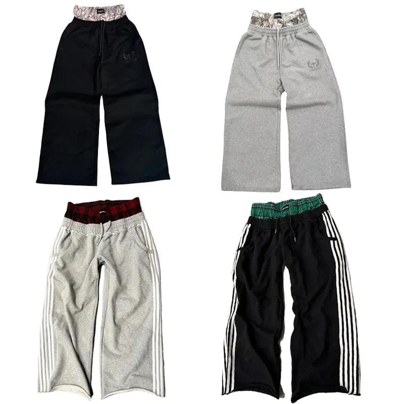 Vintage Harajuku Sweatpants – Broderte Unisex Bukser med Høyt Liv &amp; Vide Ben | Streetwear &amp; Hip Hop Stil – 01