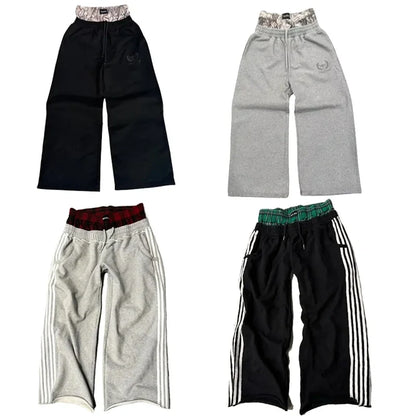Vintage Harajuku Sweatpants – Broderte Unisex Bukser med Høyt Liv &amp; Vide Ben | Streetwear &amp; Hip Hop Stil – 01