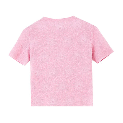 Rosa Strikket Topp til Dame – Floral Jacquard med Mock Neck og Slim Fit