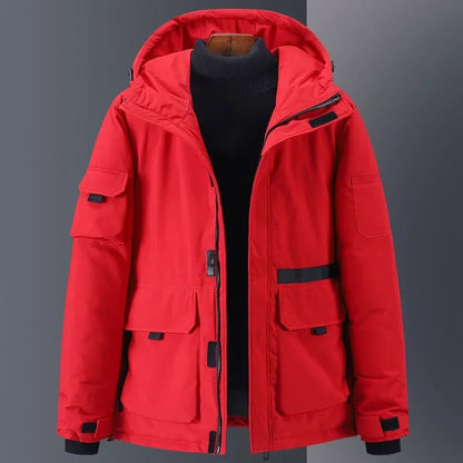 Herre Dunjakke – 100% Hvit Andedun | Varm Parkas med Hette &amp; Designerstil