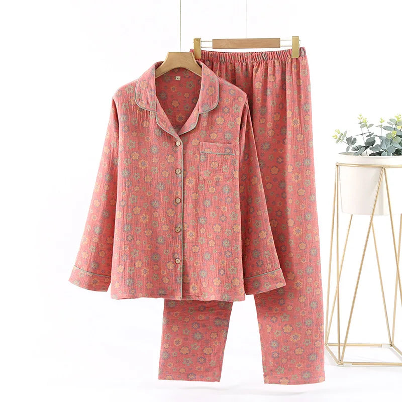 Jacquard Pysjamasett i Bomull (Garnfarget) – 2-delt Langermet Sett med Etnisk Mønster | Høst Loungewear