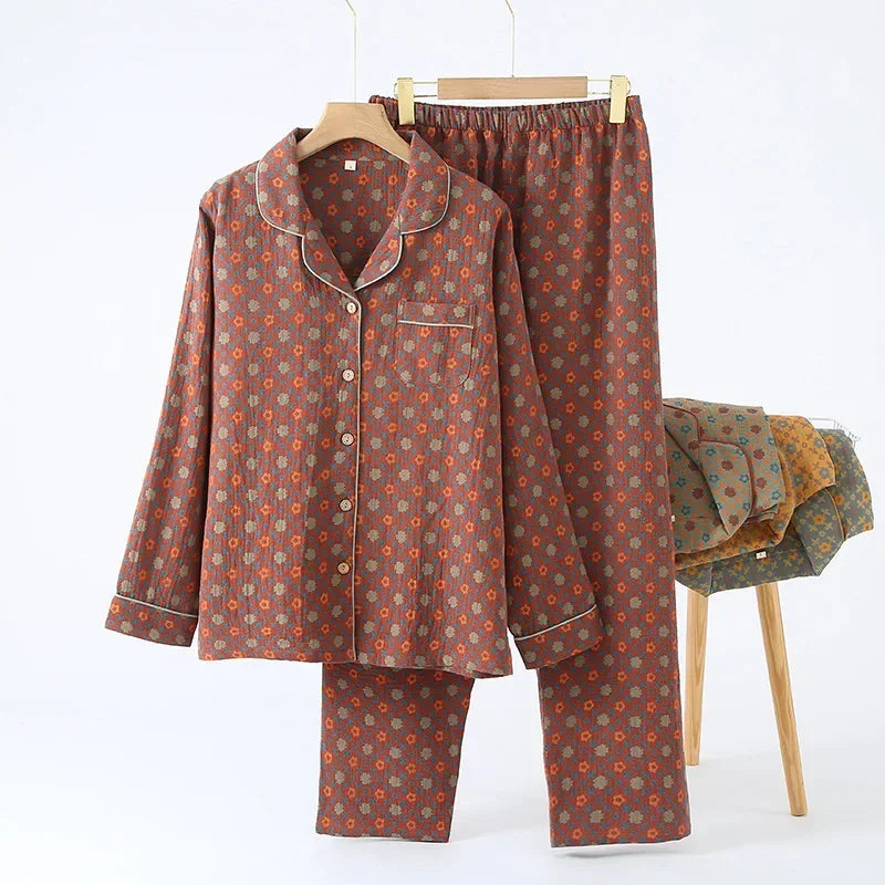 Jacquard Pysjamasett i Bomull (Garnfarget) – 2-delt Langermet Sett med Etnisk Mønster | Høst Loungewear