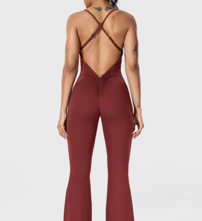 Bodycon rompers med lange flare-bukser, kryssende rygg og åpen rygg