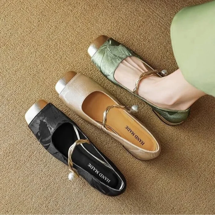 Retro Ballett Flats for Dame – Elegant Mary Jane-stil med Kvadratisk Tå