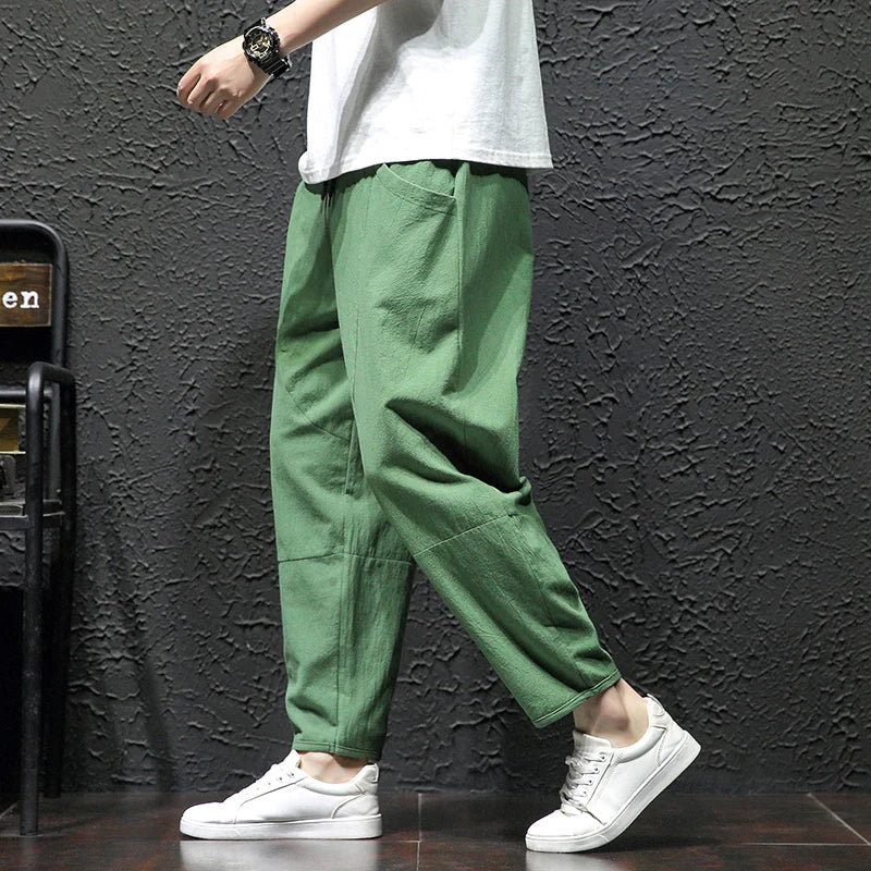 Trendy Herrebukser i 100% Bomull – Japanskinspirert, Løs Passform og Cropped Lengde (opptil 5XL)