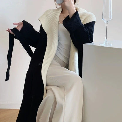 Lang Strikkecardigan med Hette – Løs Passform &amp; Doble Knapperekker | Varm &amp; Trendy Ulzzang-stil
