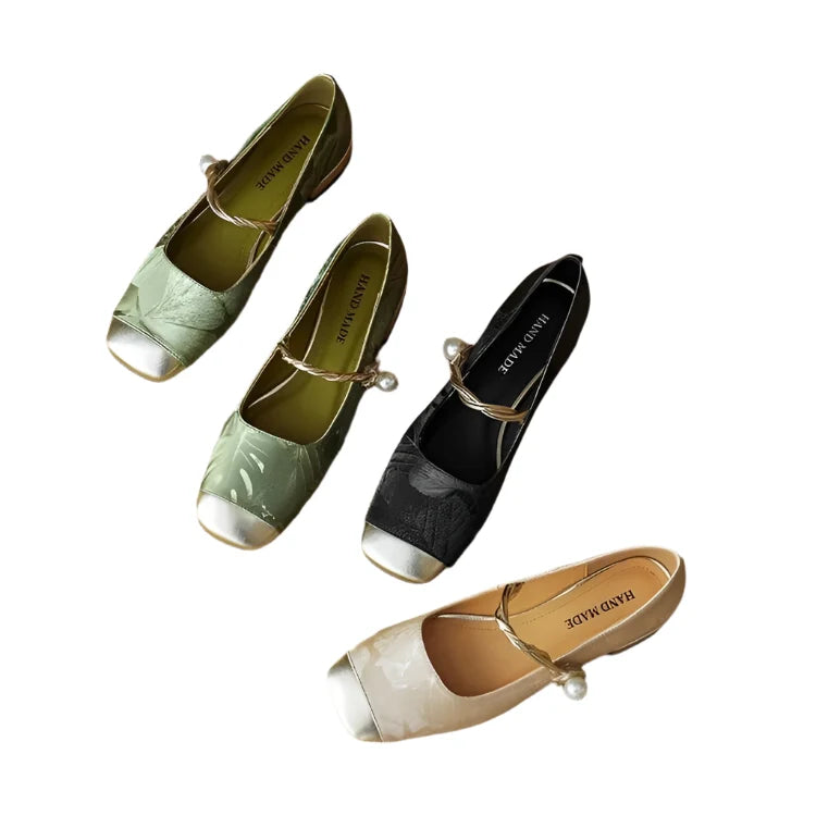 Retro Ballett Flats for Dame – Elegant Mary Jane-stil med Kvadratisk Tå – Grønn