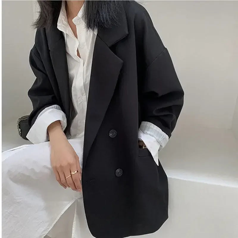 Vintage Blazer for Dame – Løs Dobbelspent Dressjakke med Lange Ermer | Elegant &amp; Trendy Høststil 2025