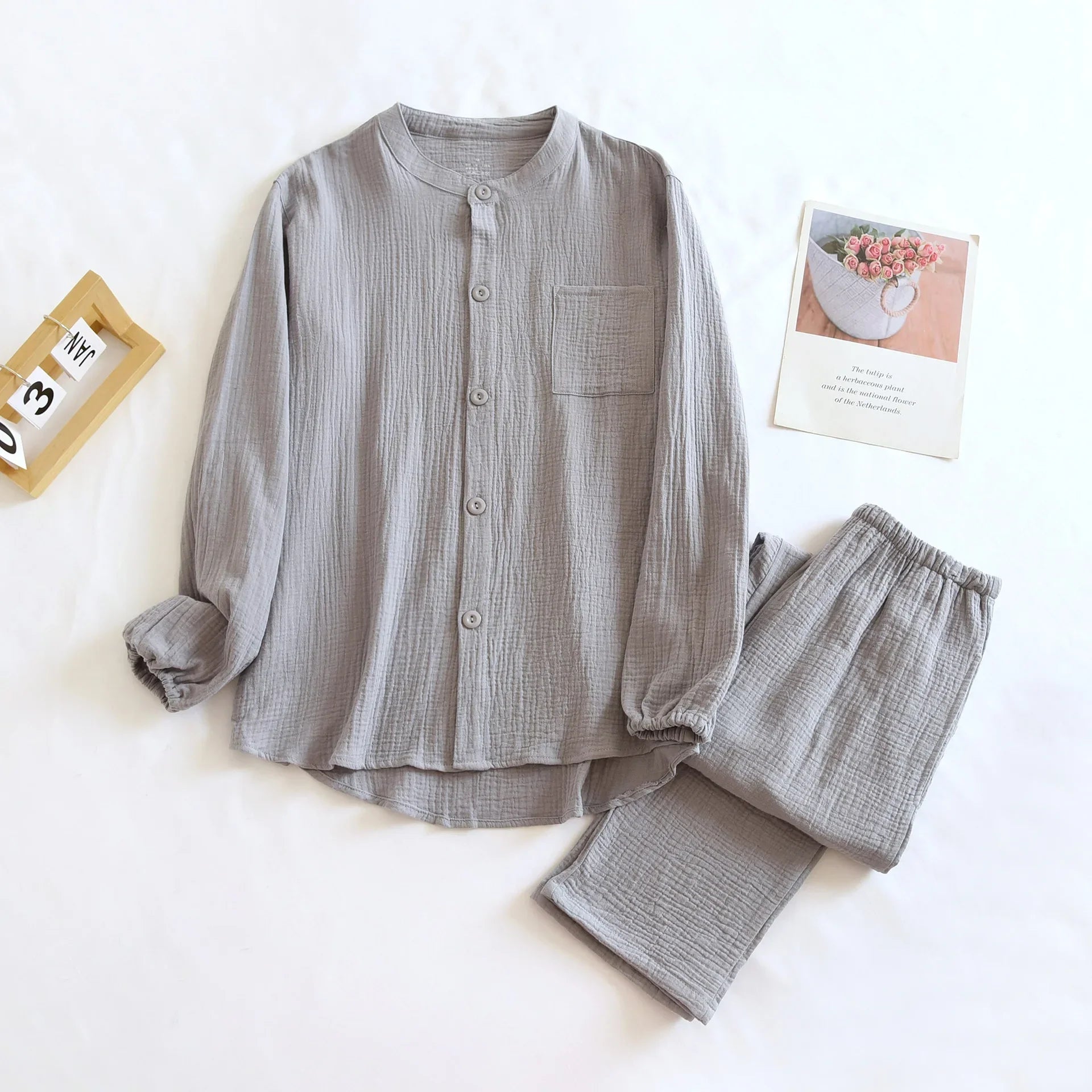 Unisex Pysjamasett i Bomull (Yarn Crepe) – 2-delt Sett med Langermet Rundhalset Topp + Bukse | Ensfarget Hjemmesett