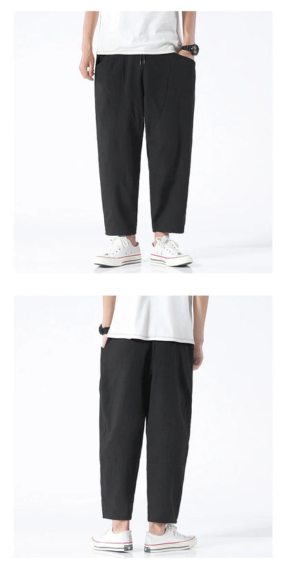 Trendy Herrebukser i 100% Bomull – Japanskinspirert, Løs Passform og Cropped Lengde (opptil 5XL)
