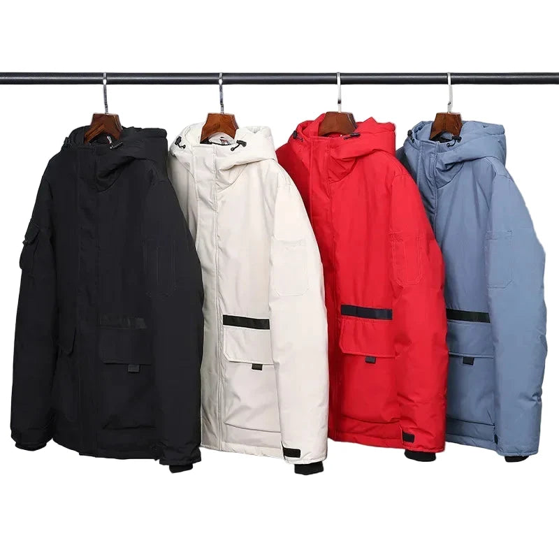 Herre Dunjakke – 100% Hvit Andedun | Varm Parkas med Hette &amp; Designerstil – Blå