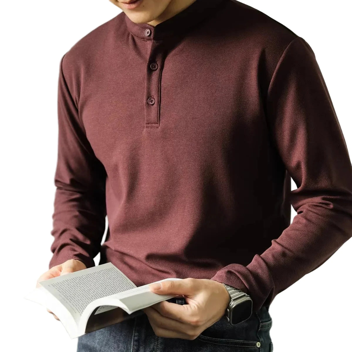 Herre Polo Skjorte med Ståkrage – Ensfarget Langermet Henley T-skjorte | Elegant Business Casual Stil (M–4XL) – Svart