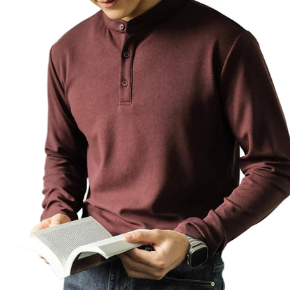 Herre Polo Skjorte med Ståkrage – Ensfarget Langermet Henley T-skjorte | Elegant Business Casual Stil (M–4XL) – Svart