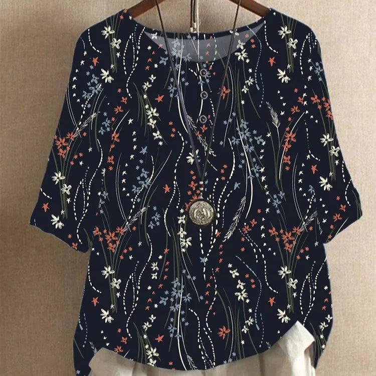 Etnisk Vintage-Print Bluse – Løs Passform, O-hals og Halvlange Ermer