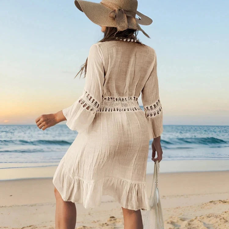 Sommerlig Heklet Boho Strandkimono – Åpen Blonde Cover-Up med Dusker