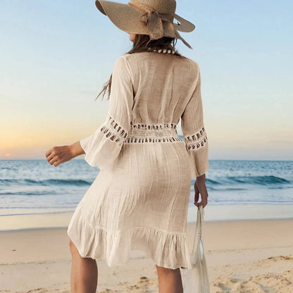 Sommerlig Heklet Boho Strandkimono – Åpen Blonde Cover-Up med Dusker