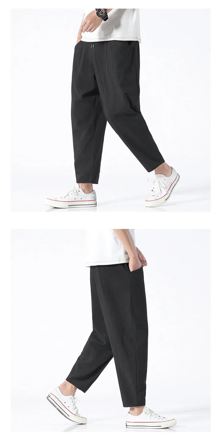 Trendy Herrebukser i 100% Bomull – Japanskinspirert, Løs Passform og Cropped Lengde (opptil 5XL)