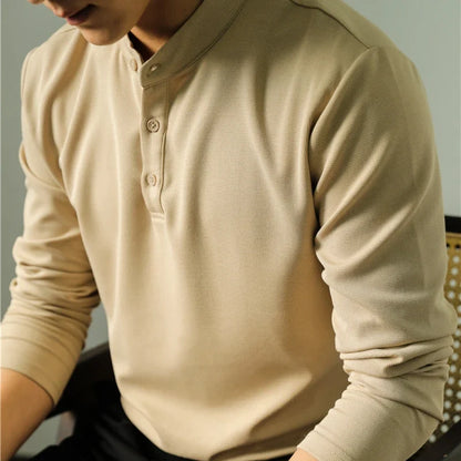 Herre Polo Skjorte med Ståkrage – Ensfarget Langermet Henley T-skjorte | Elegant Business Casual Stil (M–4XL)