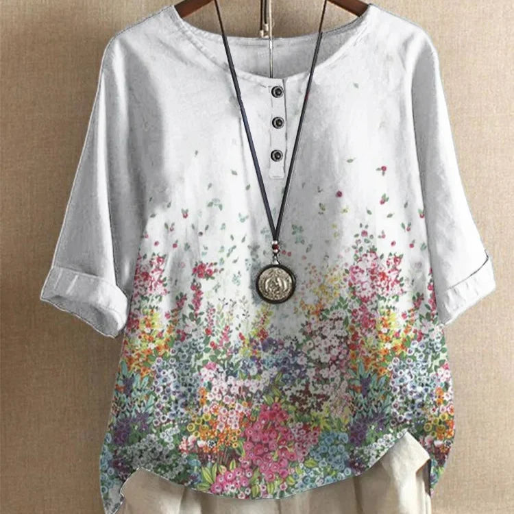 Etnisk Vintage-Print Bluse – Løs Passform, O-hals og Halvlange Ermer