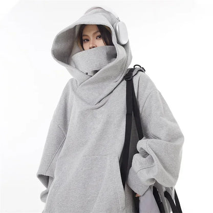 Ninja Hettegenser for Menn – Ensfarget Y2K Hoodie med Høy Hals | Oversized Streetwear i Fleece for Høst og Vinter – Svart