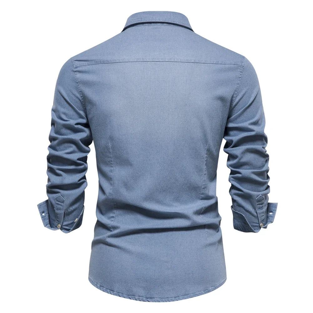 Slim Fit Denimskjorte for Herre – Elastisk Bomull og Klassisk Cowboy-stil med Moderne Passform