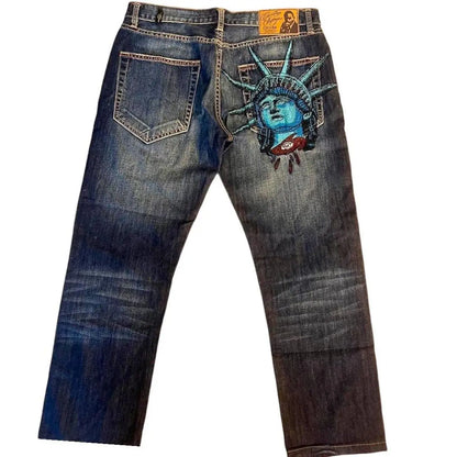 Y2K Denim Jeans for Dame – Høytlivs Vide Bukser med Statue of Liberty &amp; Diamantdetaljer | Vintage 2000-talls Harajuku Stil