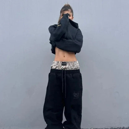 Vintage Harajuku Sweatpants – Broderte Unisex Bukser med Høyt Liv &amp; Vide Ben | Streetwear &amp; Hip Hop Stil