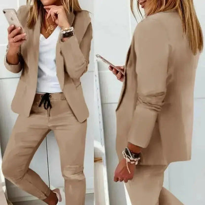 To-delt Damesett – Enkel og Elegant Blazer og Bukse med Krage og Knapper (Høst/Vår)