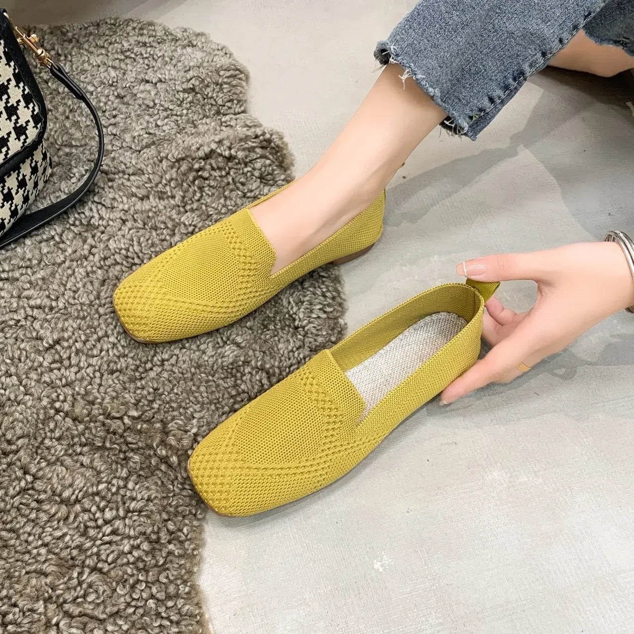 Kvadrattå Mesh Ballerinasko for Dame – Pustende, Myke Slip-on Flats med Strikket Design (2024)