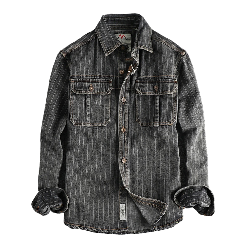 Britisk Retro Denimskjorte for Menn – Tung Sort/Grå Stripet Skjortejakke med Lomme | Klassisk Høststil
