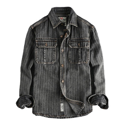 Britisk Retro Denimskjorte for Menn – Tung Sort/Grå Stripet Skjortejakke med Lomme | Klassisk Høststil