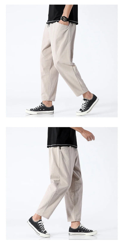 Trendy Herrebukser i 100% Bomull – Japanskinspirert, Løs Passform og Cropped Lengde (opptil 5XL)