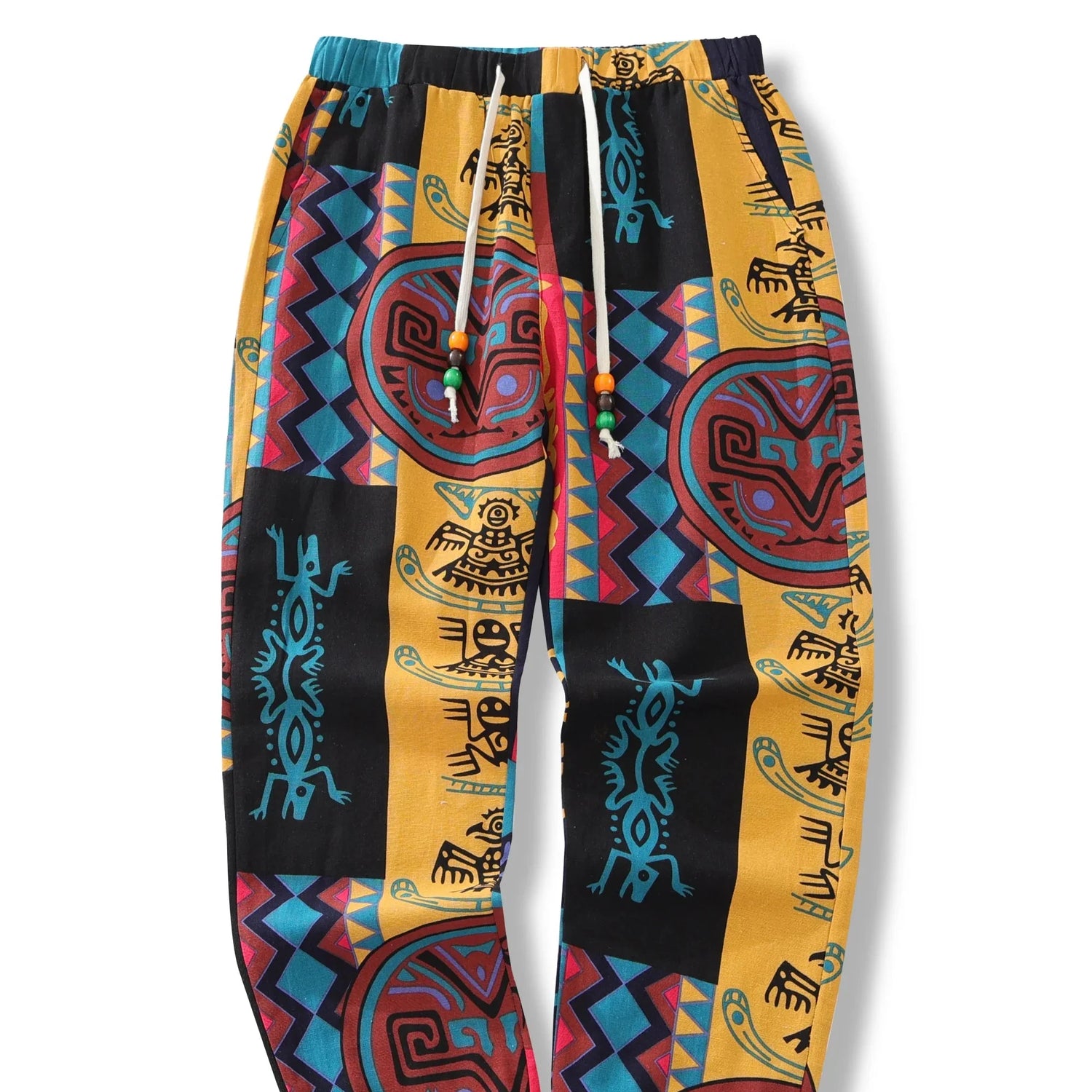 Boho Linbukser for Herre – Lettere Sommerbukser med Tribal Print &amp; Snor i Midjen | Komfortable Joggebukser i Bomullsblanding