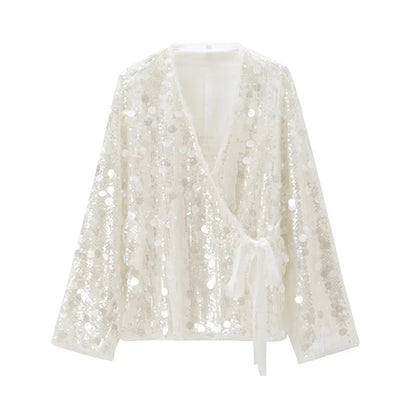 Paljett Kimono for Dame – Elegant V-hals Jakke med Lange Ermer | Glamorøs &amp; Løs Passform til Høst og Fest