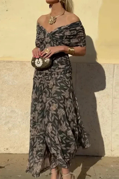 Selene | Midikjole i chiffon med off shoulder og rynket vridd front