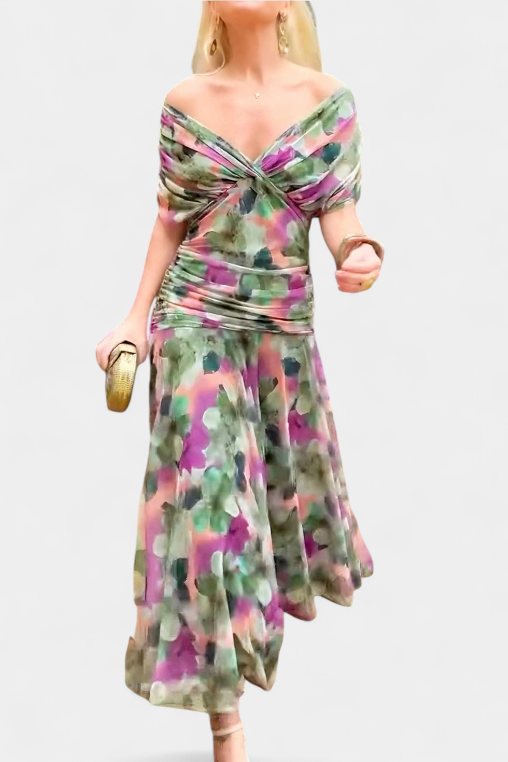 Selene | Midikjole i chiffon med off shoulder og rynket vridd front