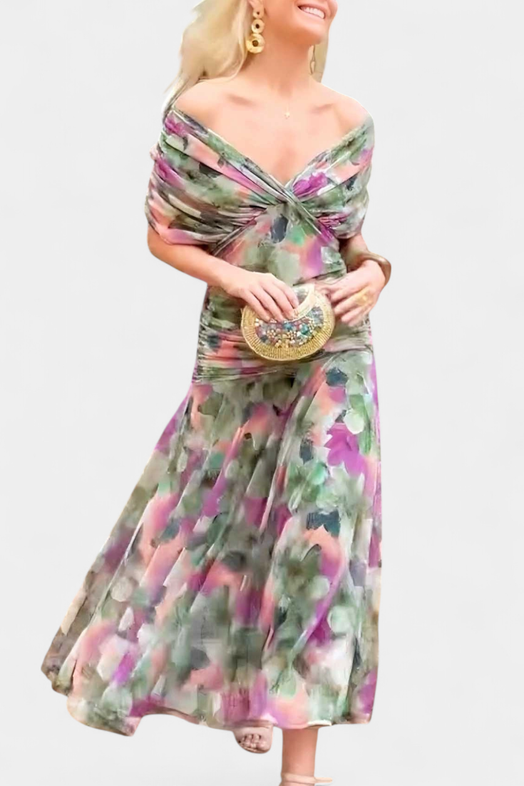 Selene | Midikjole i chiffon med off shoulder og rynket vridd front