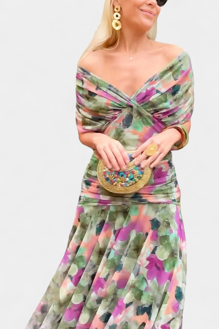 Selene | Midikjole i chiffon med off shoulder og rynket vridd front