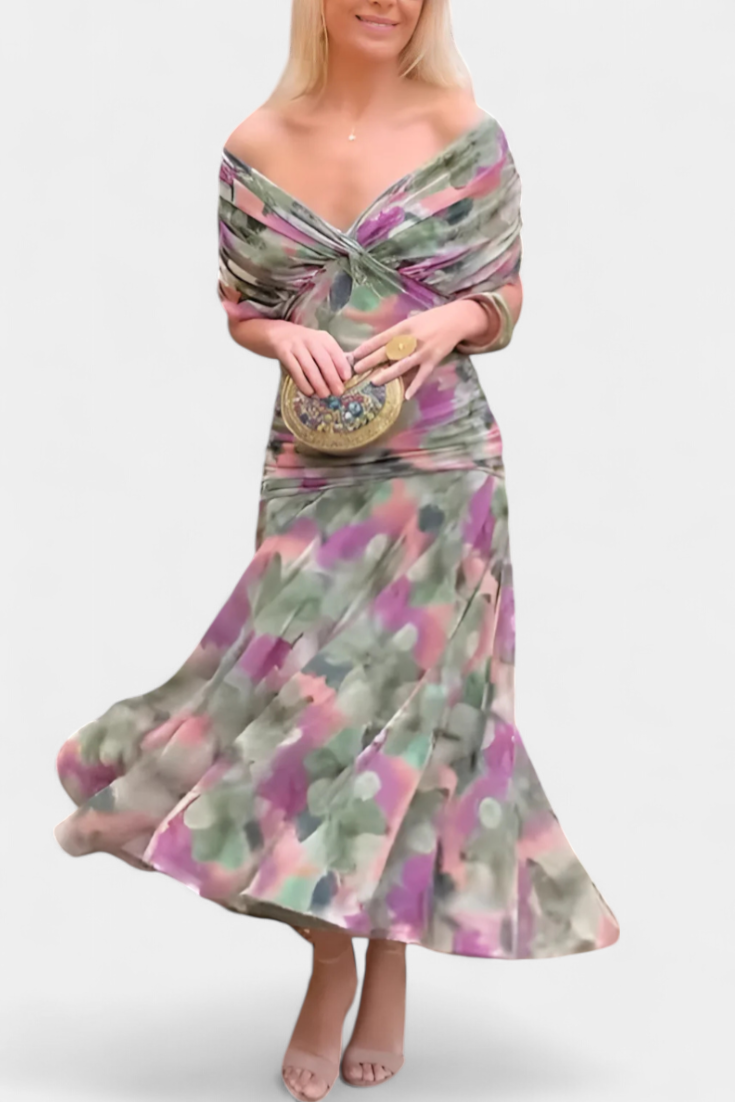 Selene | Midikjole i chiffon med off shoulder og rynket vridd front