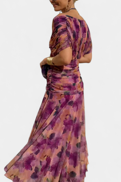 Selene | Midikjole i chiffon med off shoulder og rynket vridd front
