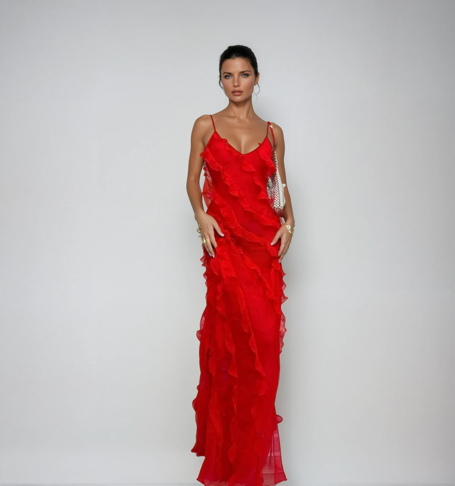 Romantisk Ruffle Chiffon Kveldsdrakt Maxi Kjole