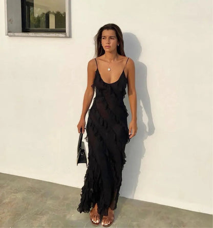 Romantisk Ruffle Chiffon Kveldsdrakt Maxi Kjole