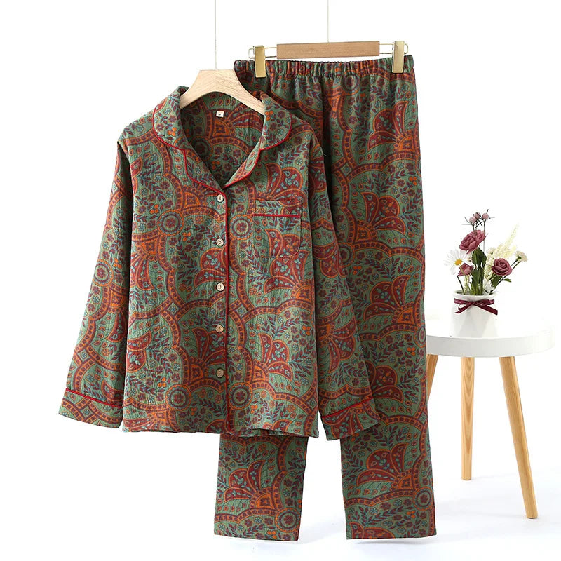 Jacquard Pysjamasett i Bomull (Garnfarget) – 2-delt Langermet Sett med Etnisk Mønster | Høst Loungewear