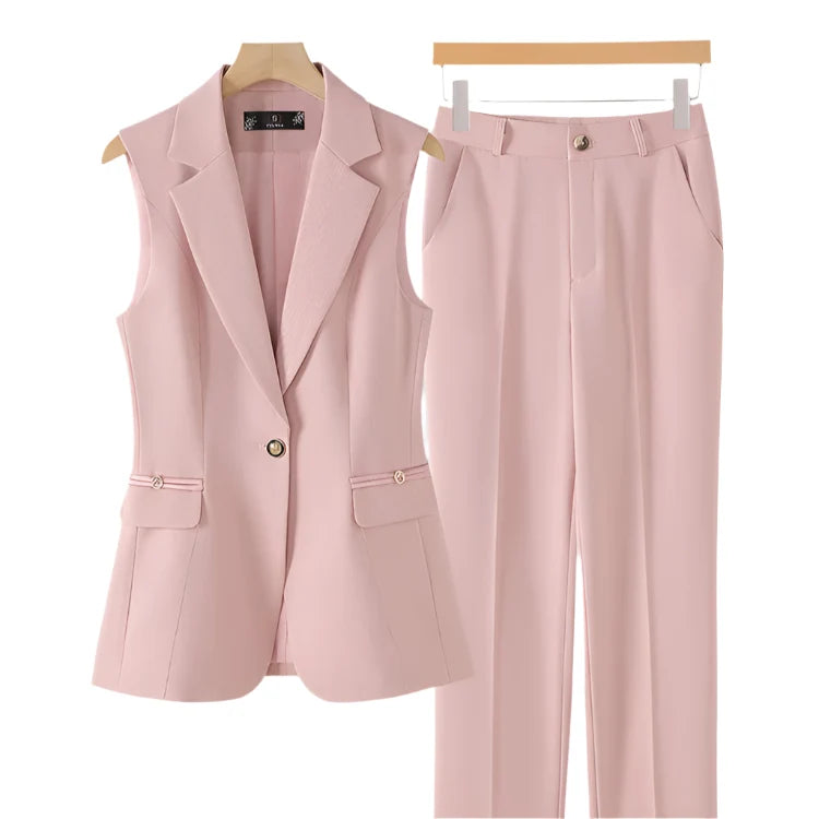 Damebuksedress i 2 Deler – Formell Vest og Bukse til Kontor og Business (Khaki, Rosa, Svart) – Rosa sett med 2 deler